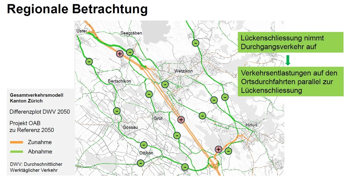 Der Bau der Oberlandautobahn würde das regionale Strassennetz entlasten: eine Karte mit verschiedenen Strassen. 